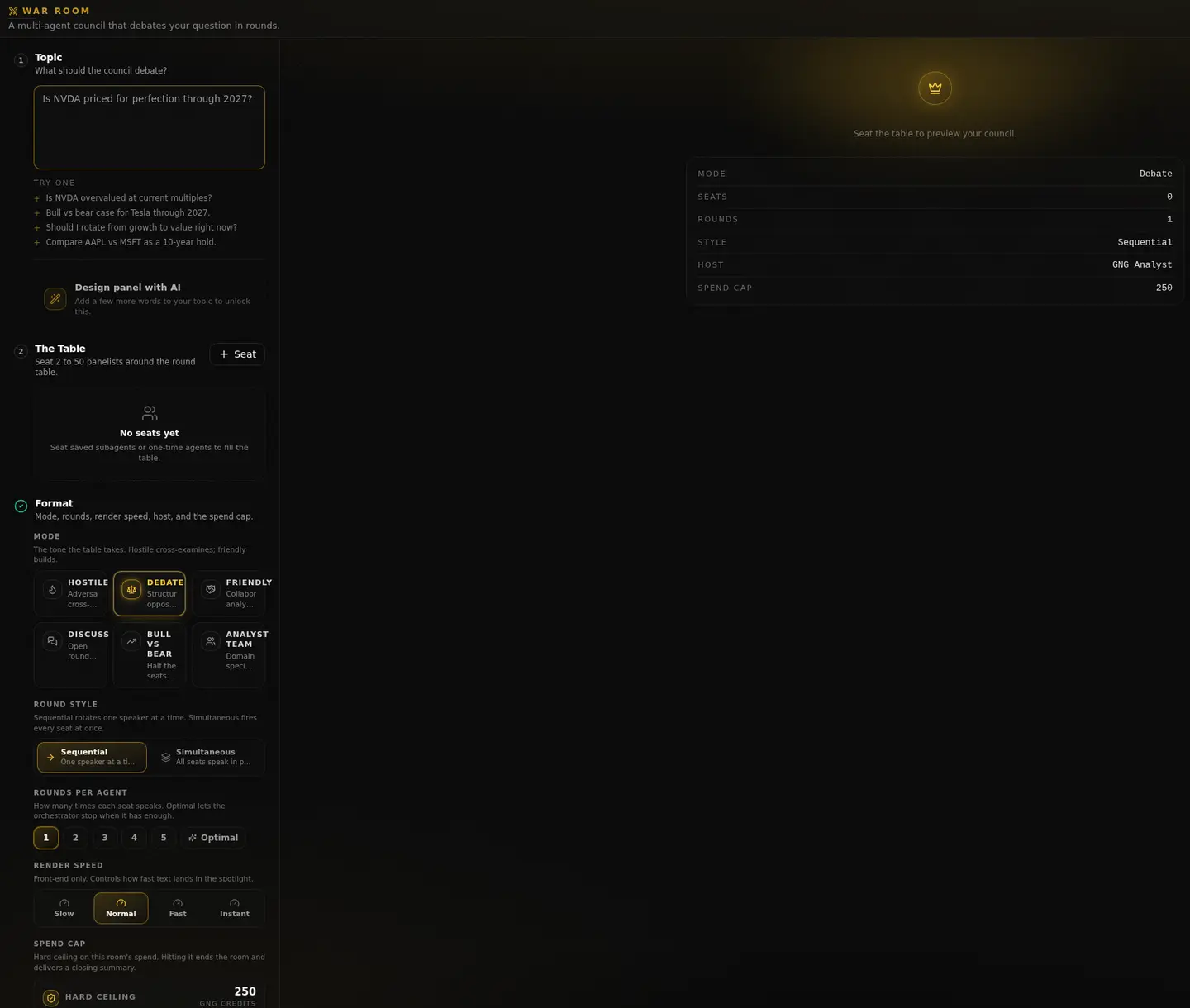 A GNG Analyst War Room lobby with multiple AI analysts staged for a structured debate