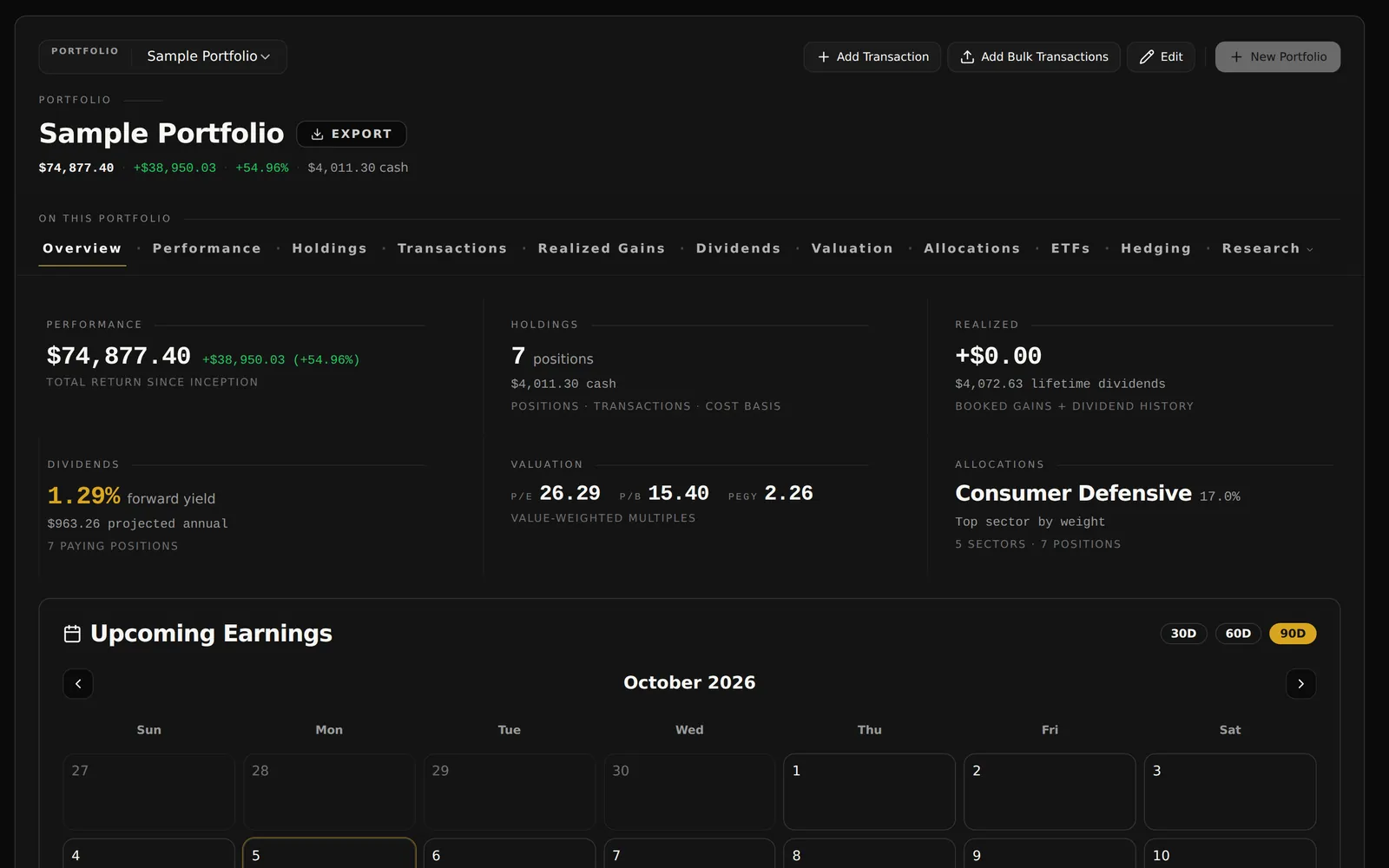 Dividend portfolio tracker overview of a sample portfolio: total value and return since inception, seven positions, cash, lifetime dividends, forward yield and projected annual income, valuation multiples, top sector, and upcoming earnings.