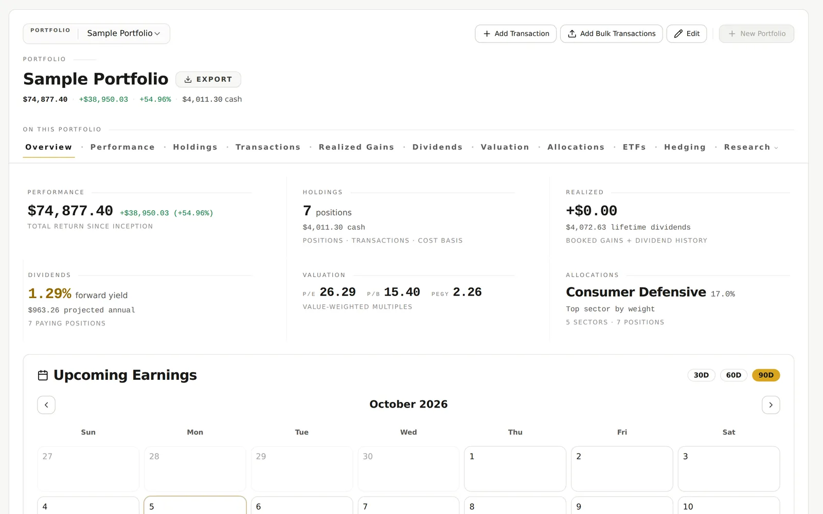 Dividend portfolio tracker overview of a sample portfolio: total value and return since inception, seven positions, cash, lifetime dividends, forward yield and projected annual income, valuation multiples, top sector, and upcoming earnings.