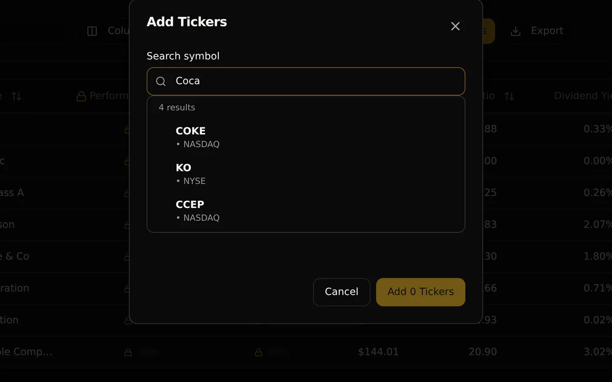 Add Tickers dialog with a search for Coca, listing COKE, KO and CCEP results with their exchanges, and Cancel and Add buttons.