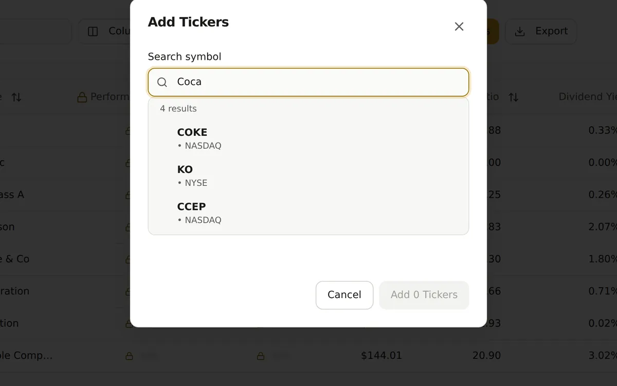 Add Tickers dialog with a search for Coca, listing COKE, KO and CCEP results with their exchanges, and Cancel and Add buttons.